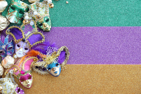 Set of different carnival masks on color background. Mardi Gras Fat Tuesday celebrationの写真素材