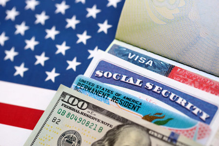 Green Card US Permanent resident USA. Social Security card, VISA United States of America. Electronic Diversity Visa Lottery DV Results. American flag on backgroundの写真素材