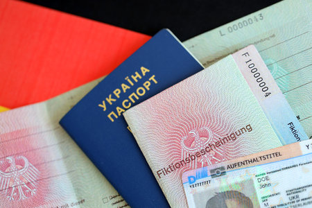 German Permanent resident card and document specimen lies with Ukrainian passport on Germany flag close up. Aufenthaltstitel and Fiktionsbescheinigungの写真素材
