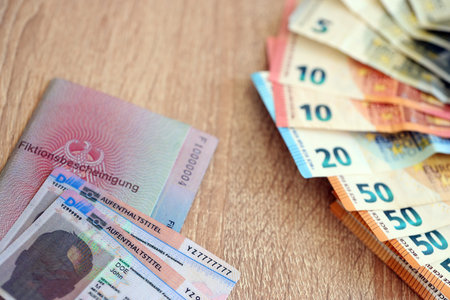 German Permanent resident card and document specimen with euro money bills lies on wooden table close up. Aufenthaltstitel and Fiktionsbescheinigungの写真素材