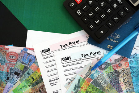 Kuwaiti dinar money bills and calculator with tax form on flag close up. Taxation and accounting conceptの写真素材