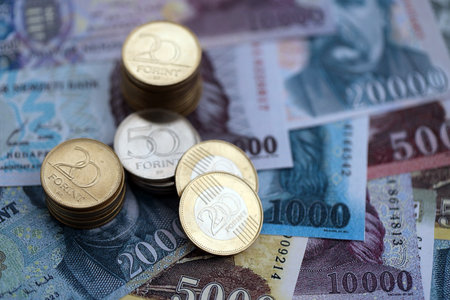 Hungarian Forint currency money bills and coins. Many HUF currency banknotes and coins close upの写真素材