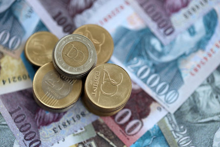 Hungarian Forint currency money bills and coins. HUF currency banknotes and coins close upの写真素材