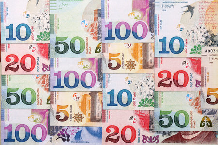 Georgian Lari currency money bills in bunch. GEL currency banknotes with different denomination close upの写真素材
