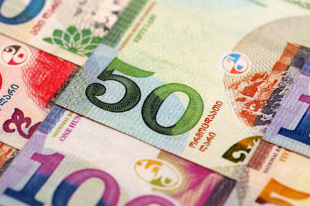 Georgian Lari currency money bills. GEL currency banknotes with different denomination close upの写真素材