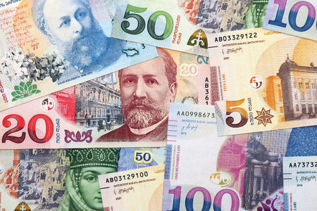 Georgian Lari currency money bills in bunch. GEL currency banknotes with different denomination close upの写真素材