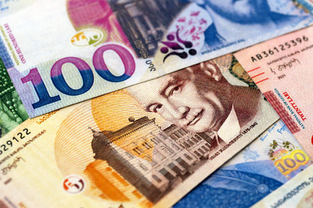 Georgian Lari currency money bills. GEL currency banknotes in big amount with different denomination close upの写真素材