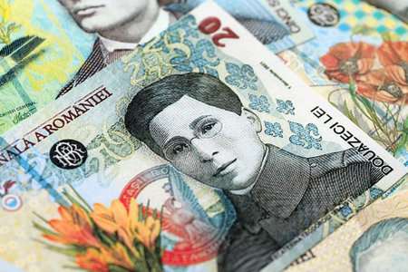 Romanian Leu currency money bills. RON currency banknotes in bunch with different denomination close...