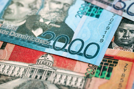 Dominican Republic Pesos currency money bills. DOP currency banknotes in arrange with different denomination close upの写真素材