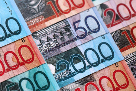 Dominican Republic Pesos currency money bills. DOP currency banknotes in bunch with different...