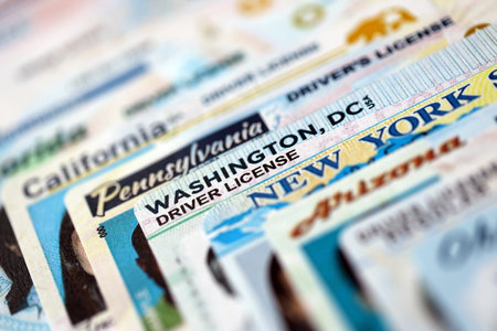 Big amount of driving licenses from different USA states. Stack of driving license specimen cardsの写真素材