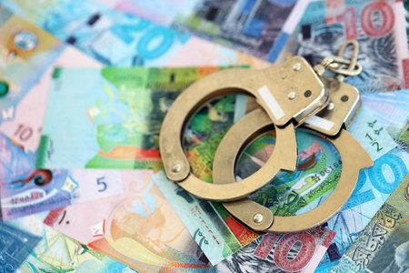 Kuwaiti dinar currency money bills and handcuffs close up.
