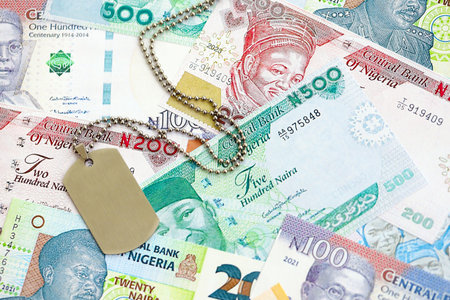Nigerian naira currency money bills and military token close up. The concept of army serviceの写真素材