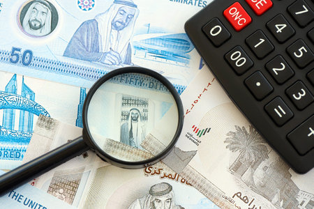 United Arab Emirates dirham currency money bills and calculator with magnifying glass close up. The...