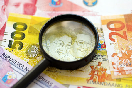 Philippines peso currency money bills and magnifying glass close up. The concept of financial...