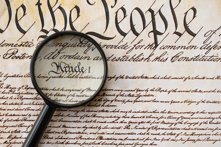 American USA Constitution paper page and magnifying glass close up. We The Peopleの写真素材
