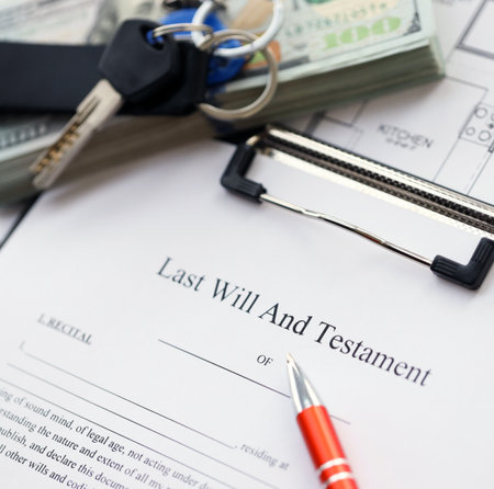 Pen and keys on Last will and testament form and planning blueprints of residential building project...
