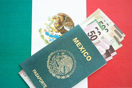 Mexican pesos money bills in big amount and passport lies on Mexico flag close up. Finance and banking conceptの写真素材