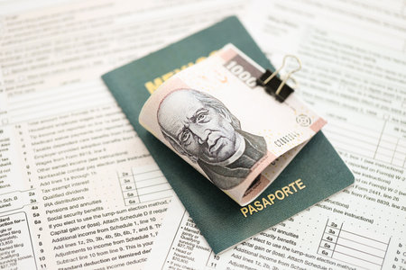 Mexican pesos money bills in big amount lies on table with passport and tax forms close up. Finance and taxpaying conceptの写真素材