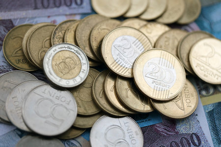 Large amount of Hungarian Forint currency money bills and coins. HUF currency banknotes and coins close upの写真素材