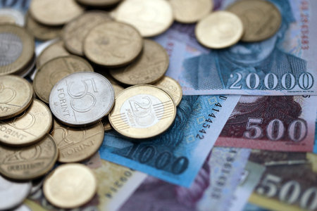 Hungarian Forint currency money bills and coins. HUF currency banknotes and coins close upの写真素材