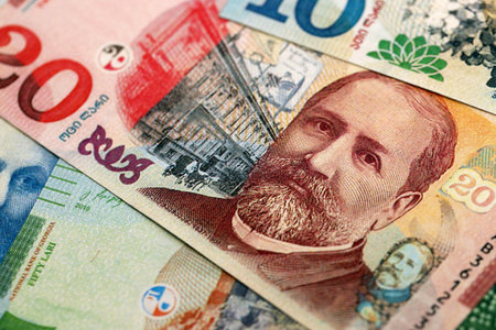 Georgian Lari currency money bills in bunch. GEL currency banknotes with different denomination...