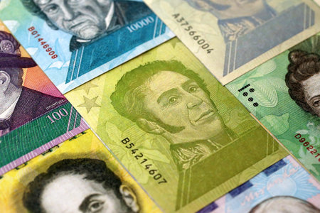 Venezuelan Bolivar currency money bills in big amount. Heap of VED currency banknotes with different denomination close upの写真素材