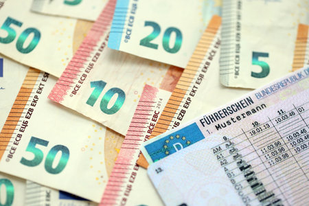 German driving license card called Fuhrerschein lies on big amount of Euro money close upの写真素材