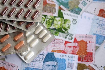 Pakistan rupees banknotes and medicine pills. The current Pakistan money bills and drugs lies on table in big amount. The concept of medicine and pharmacy in Pakistanの写真素材