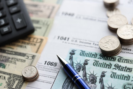 American US dollars money bills and coins with pen and calculator on IRS tax form blanks close up. Accounting and taxpaying period conceptの写真素材