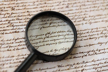 American USA Constitution paper page and magnifying glass close up. We The People