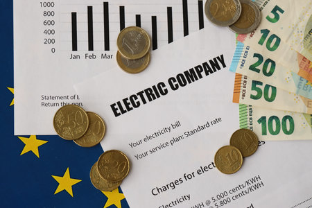 European union Euro money bills and coins with electricity utility bill on table close upの写真素材