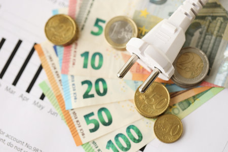 European union Euro money bills and coins with european electricity utility bill on table close upの写真素材