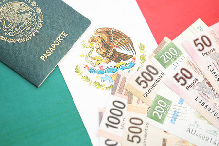 Mexican pesos money bills in big amount and passport lies on Mexico flag close up. Finance and banking conceptの写真素材