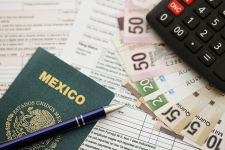 Mexican pesos money bills in big amount lies on table with pen, calculator, passport and tax forms close up. Finance and banking conceptの写真素材
