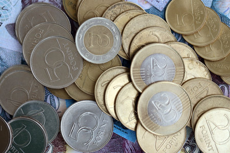 Heap of Hungarian Forint currency money bills and coins. HUF currency banknotes and coins close upの写真素材