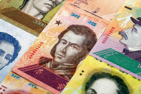 Venezuelan Bolivar currency money bills in bunch. VED currency banknotes with different denomination close upの写真素材