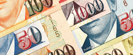 Singapore Dollar currency money bills. SGD currency banknotes in bunch with different denomination...