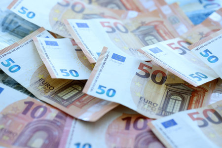 Euro money background. Euro Banknotes Design. Euro cash payment and wages. Cash background. Banknotes of European Unionの写真素材