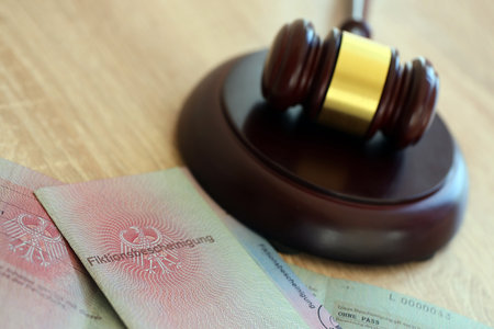 German temporary Permanent resident card specimen lies with judge hammer close up. Fiktionsbescheinigungの写真素材