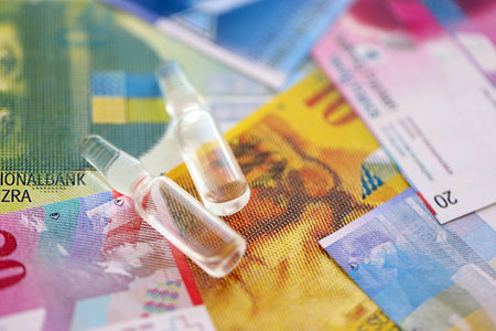 Swiss franc banknotes and medicine bottles. The current francs money bills and injection dose lies on table in big amount. The concept of medicine and vaccination in Switzerlandの写真素材