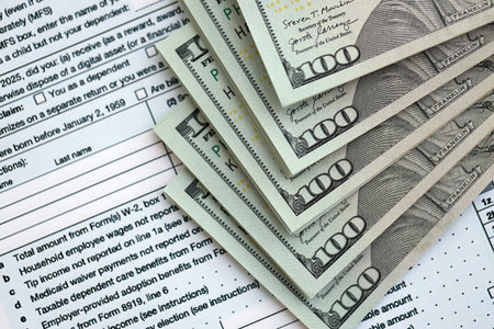 Big amount of United States dollar bills on table with individual income tax return form close up....