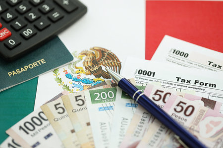 Mexican pesos money bills in big amount lies on table with pen, calculator, passport and tax forms close up. Finance and banking conceptの写真素材