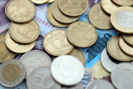 Stack of Hungarian Forint currency money bills and coins. HUF currency banknotes and coins close upの写真素材