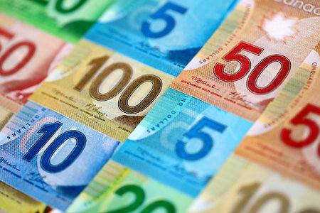 Canadian Dollar currency money bills. CAD currency banknotes in big amount with different...