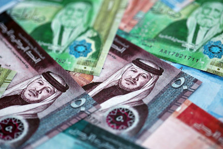 Jordanian Dinar currency money bills. JOD currency banknotes in big amount with different denomination close upの写真素材