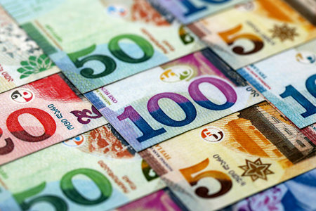 Georgian Lari currency money bills in stack. GEL currency banknotes with different denomination...