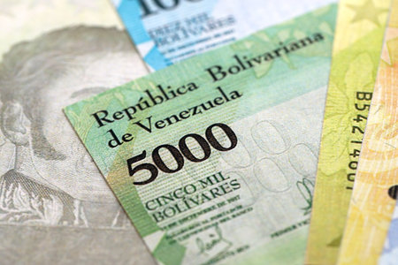 Venezuelan Bolivar currency money bills in big amount. Heap of VED currency banknotes with different denomination close upの写真素材