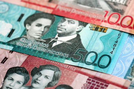 Dominican Republic Pesos currency money bills. DOP currency banknotes in arrange with different denomination close upの写真素材