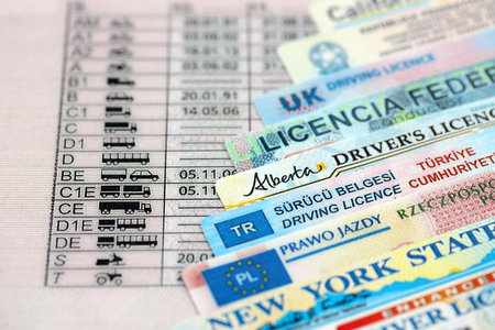 Driving licenses from different countries and American states. Concept of obtaining driving permitの写真素材